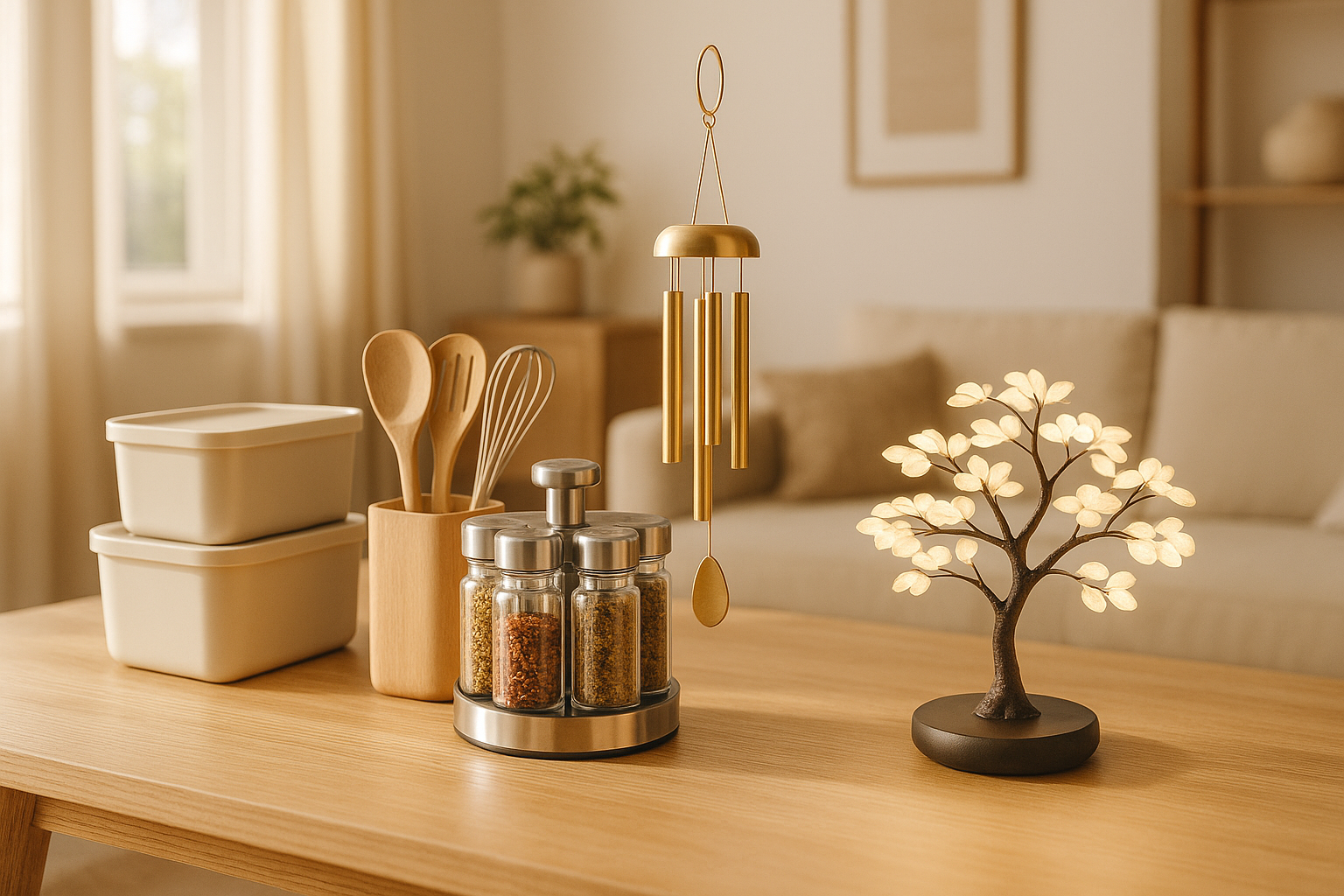 A bright, inviting lifestyle scene featuring premium home essentials — neatly arranged kitchen organizers, a rotating spice rack, brass wind chime, LED bonsai lamp, and stylish modern décor accents — placed on a smooth wooden table with a blurred cozy home interior in the background. Soft natural sunlight, warm earthy tones, minimalist style, high-resolution, ultra-realistic, no text, no branding. image size should be square